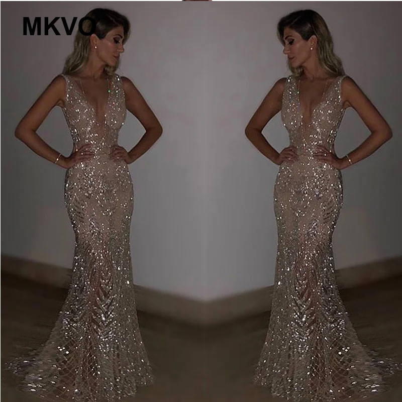 

Women's Sexy sleeveless deep V ladies sequined dress classic silver lace wedding party club dress maxi Dress vestido plus size