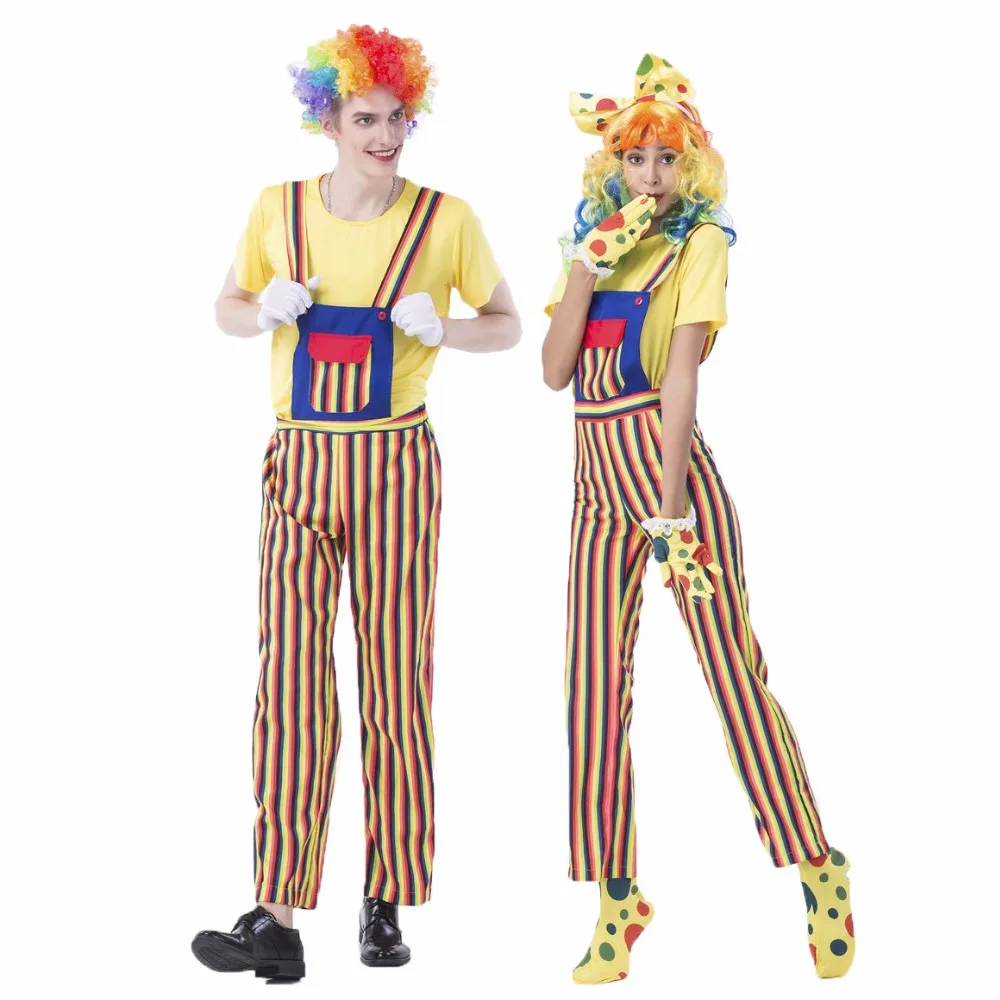 Umorden карнавальные вечерние Костюмы Клоуна на Хэллоуин для мужчин и женщин радужные Цирковые Костюмы Клоуна для косплея Необычные полосатые топы и штаны для пары