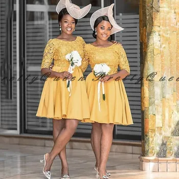 

Gold Lace Knee Length Bridesmaid Dresses With Hal Sleeves 2020 A Line Customize Wedding Party Dress Vestido De Fiesta De Boda