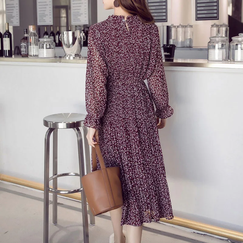 2020 Korean Style Plus Size Spring Women Pleated Dress Chiffon Sweet Loose Long Dress Floral Leaf Print Elegant Vintage Dresses