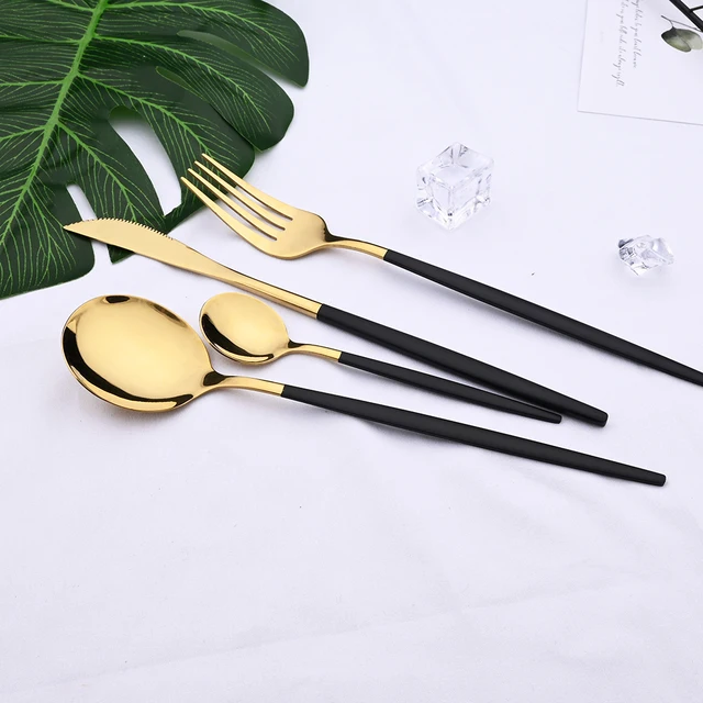 24pcs Black Gold Dinnerware Set Stainless Steel Cutlery Set Kitchen Fork Knife Spoon Tableware Set Flatware Set Silverware Set 3