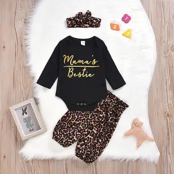 

2019 Hotsales Girls 3-12M Cotton Mama's bestie printed Romper + Pants + Headband 3PCOutfits Children suit set