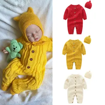 

0-18M Newborn Baby Girl Boy Autumn Clothes Sets Knitted Button Romper Jumpsuit Hat 2Pcs Winter Warm Baby Solid Outfits