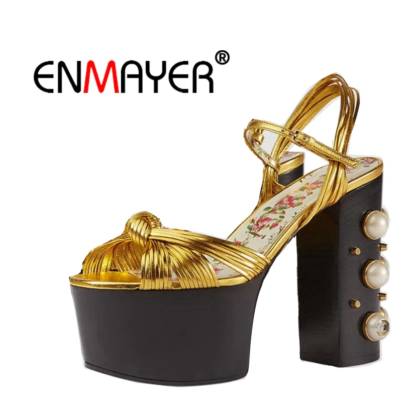 Женские ботильоны с жемчугом ENMAYER летние ботинки на платформе открытым носком и
