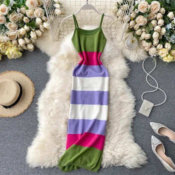 

Vintage 2020 striped print Slim Bodycon Knitted midi long Dress sexy spaghetti strap Summer Party Women tunic elegant dresses