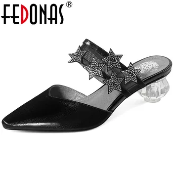 

FEDONAS Vintage Rhinestone Women Mulea Genuine Leather Slingbacks High Heels Pumps 2020 Summer Fashion Working Basic Shoes Woman