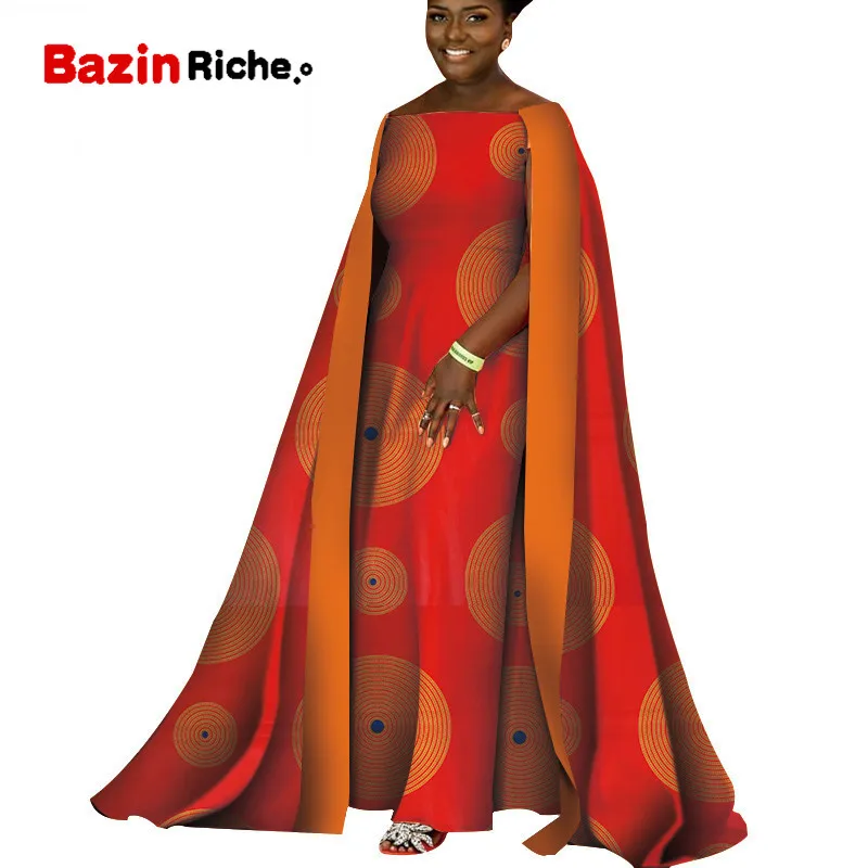 Женская одежда в африканском стиле модные женские платья элегантные Африканские Восковые принты Bazin Riche вечерние платья в пол с накидкой WY4332
