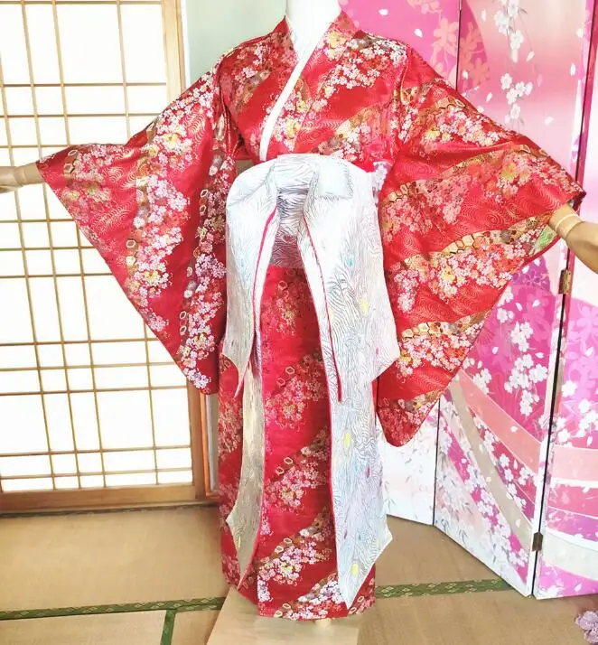 

Summer Cardigan Japanese Plum Flower Kimono Yukata Woman Stage Performance Coat Outer Garment+Waistband