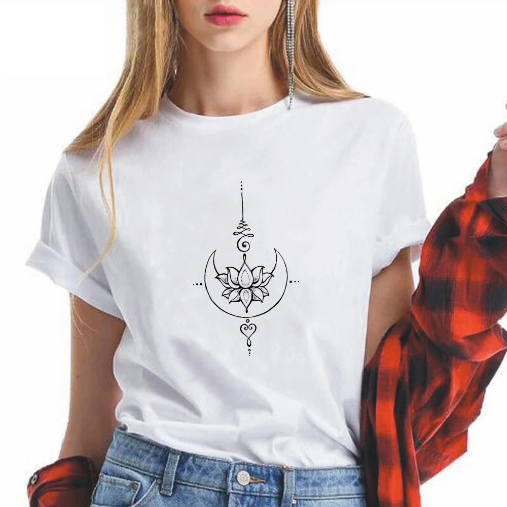 

Tattoo designs Moon Lotus flower Art Print Female T-shirt Vestidos Pop Graphic Gym Cool T Shirts Women Vintage Beautiful Tshirt