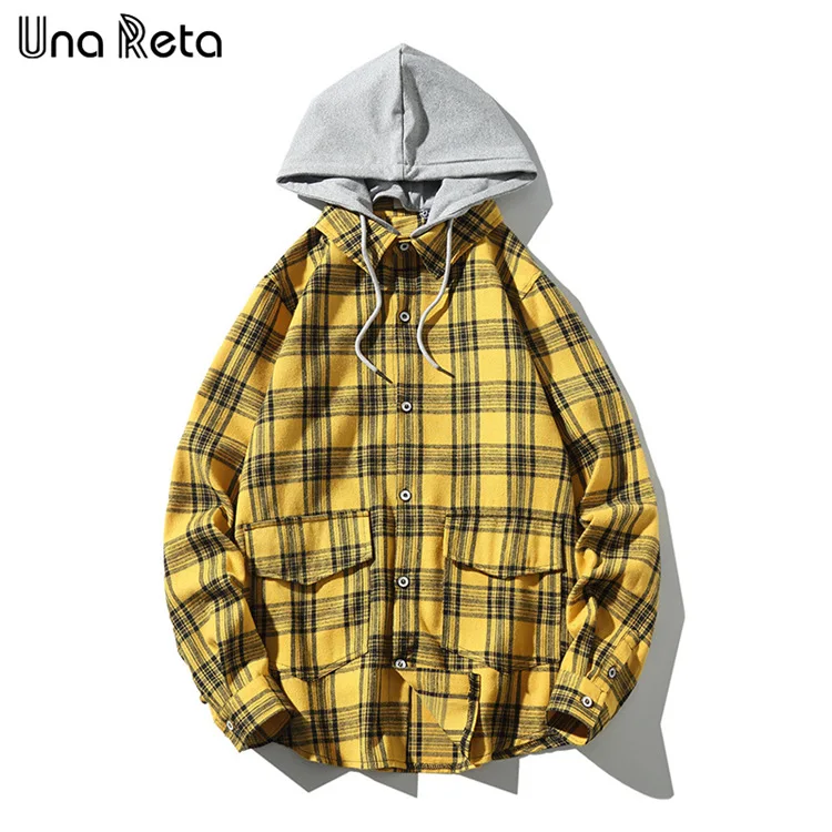 Una Reta Мужская рубашка осень бренд хип-хоп Мужская рубашка с капюшоном уличная карманный дизайн ретро решетки с длинным рукавом Повседневные рубашки - Цвет: Цвет: желтый