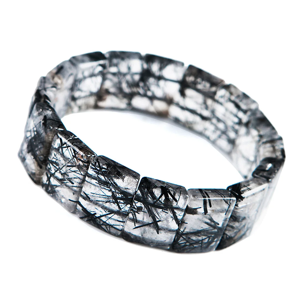 

Genuine Black Natural Rutilated Quartz Bracelets For Women Men Stretch Crystal Rectangle Beads Bracelet Bangle AAAAA