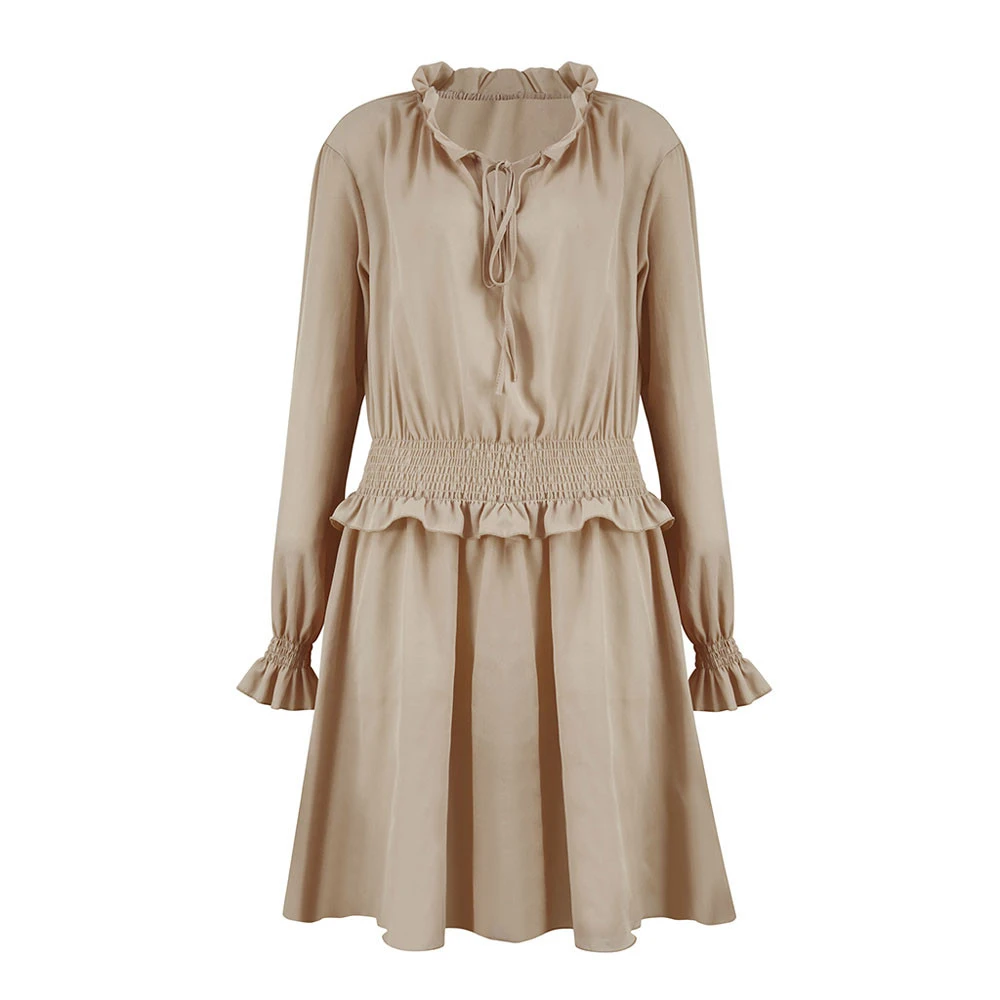 Women Fall Long Sleeve Dress Elegant Party Female Chiffon Dress O Neck Solid Pleated Casual Office Winter Vestidos Mujer 807