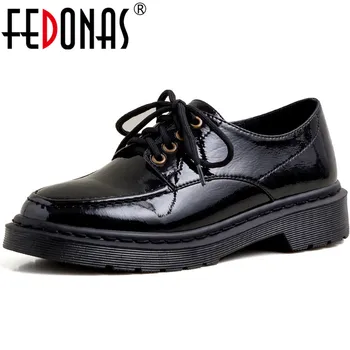 

FEDONAS Elegant New Concise Women Square Heels Pumps Cow Patent Leather Round Toe Pumps Shoes Woman Cross-Tied 2020 Shoes Woman
