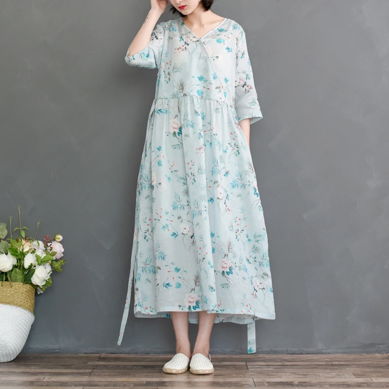

Spring Summer National Style Clear Printed Ramie Dress Female High-end Wild High Waist Was Thin Strappy Long Dress