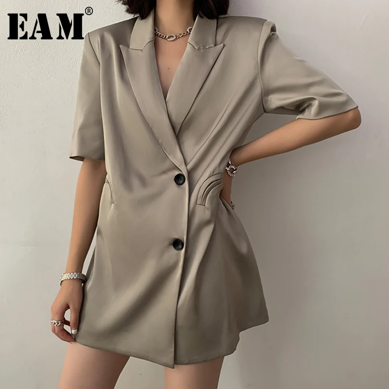 [EAM] Women White Brief Big Size Thin Blazer New Lapel Half Sleeve Loose Fit Jacket Fashion Tide Spring Summer 2022 1Y5290 | Женская