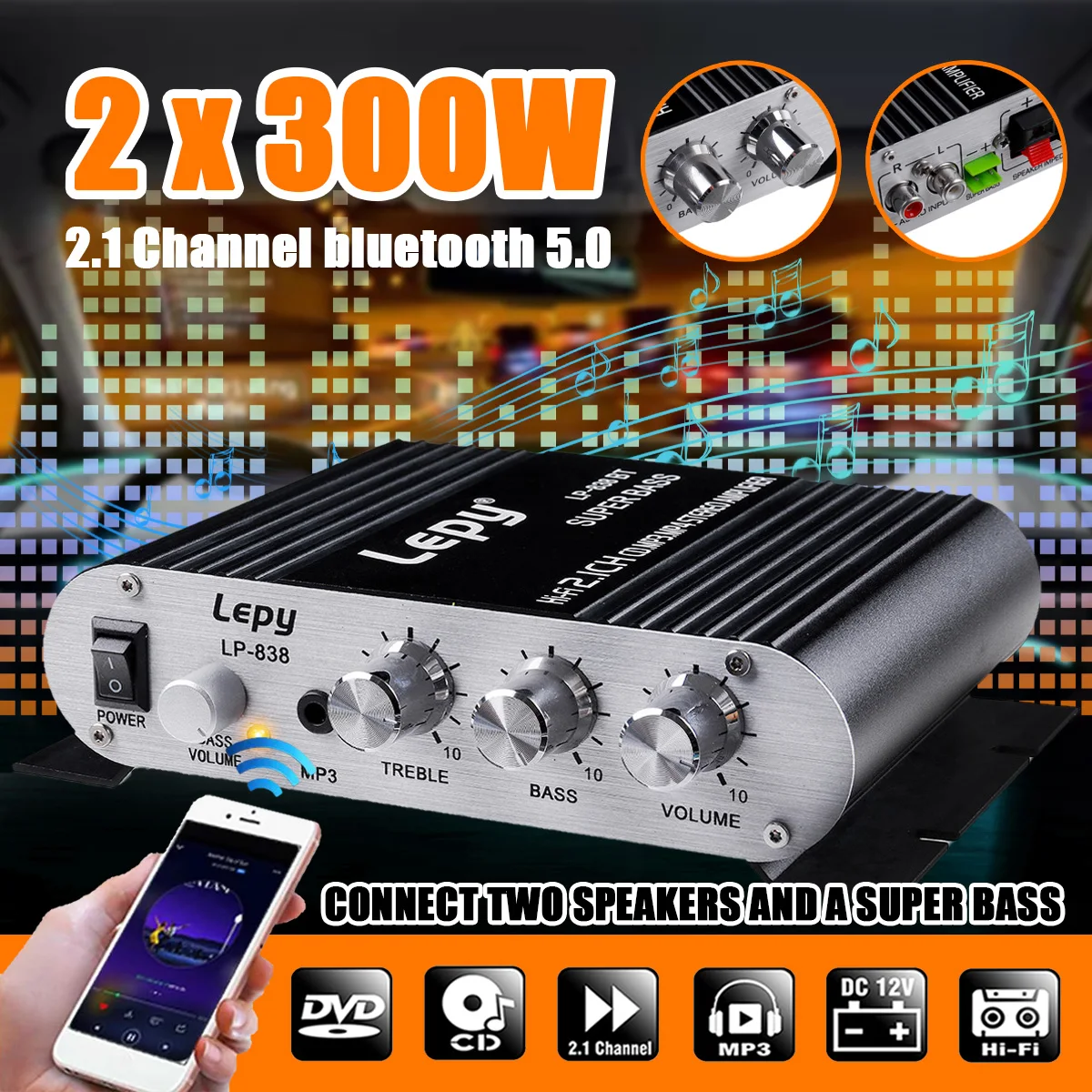 2.1CH 40W 2x20W Digital Car Power Amplifier Hi-Fi Stereo Bass Amplifier Audio Support Connection of 2 speakers And a Subwoofer 