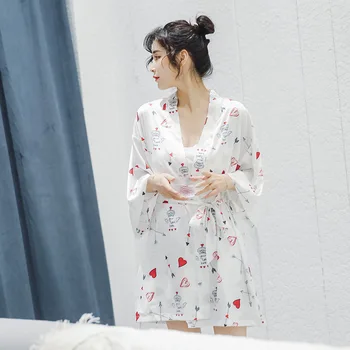 

Fiklyc Women's Spring And Summer Simulation Silk Thin Sexy Fresh Sweet Ice Silk Nightgown Two Sets Of Home Service