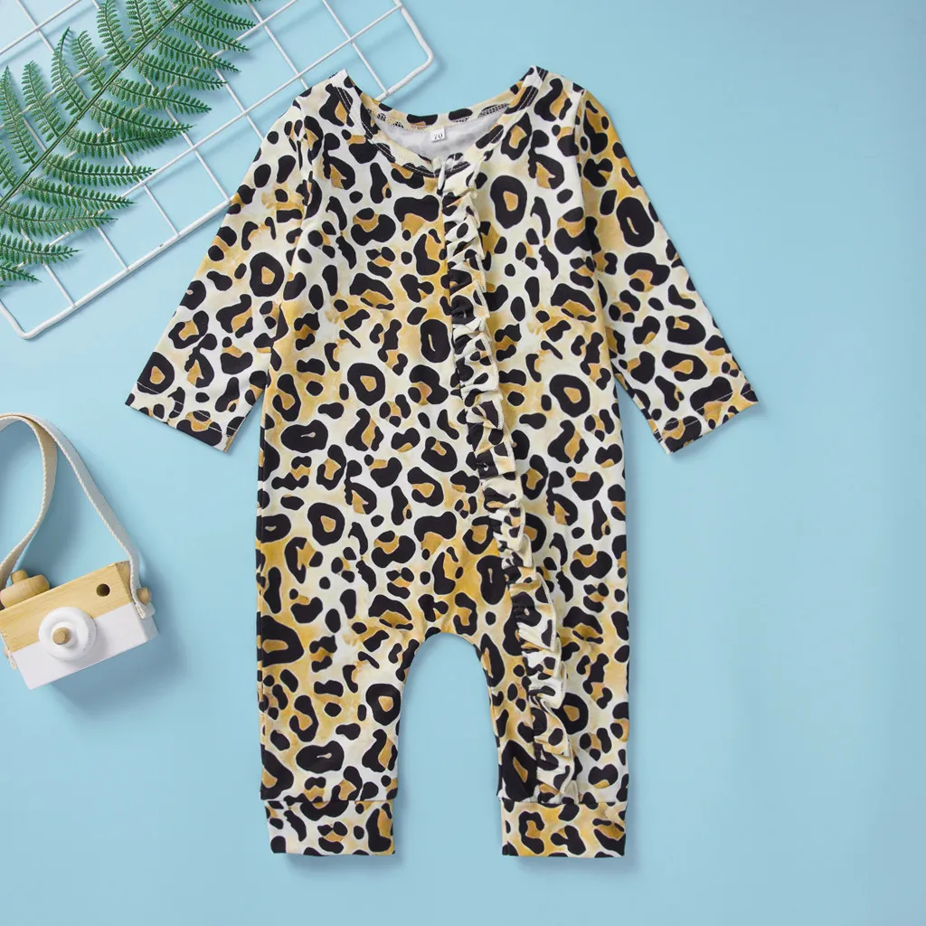Комбинезон с длинными рукавами и леопардовыми оборками для новорожденных девочек модная одежда для малышей с круглым вырезом и длинными рукавами Лидер продаж