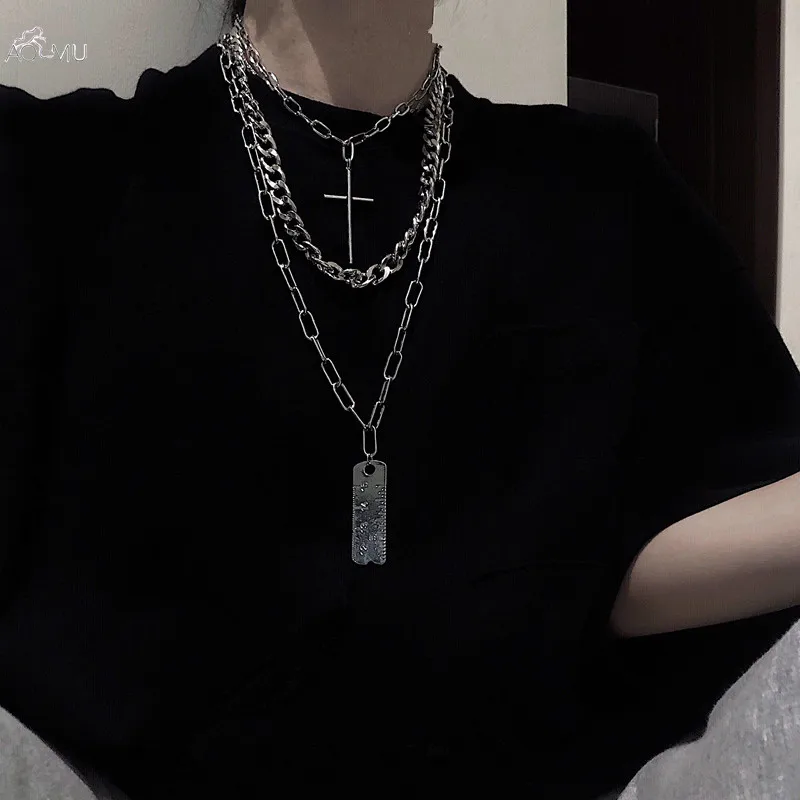 AOMU Vintage Cross Short Ruler Pendant Silver Color Metal Multi-layer Punk Long Necklaces For Women Men Hip Hop Party Jewelry | Украшения и