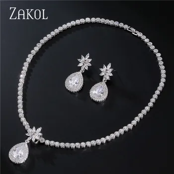 

ZAKOL Luxury Flower Bridal Wedding Jewelry Set Fashion White Color Water Drop Cubic Zirconia Women Jewelry Sets FSSP108