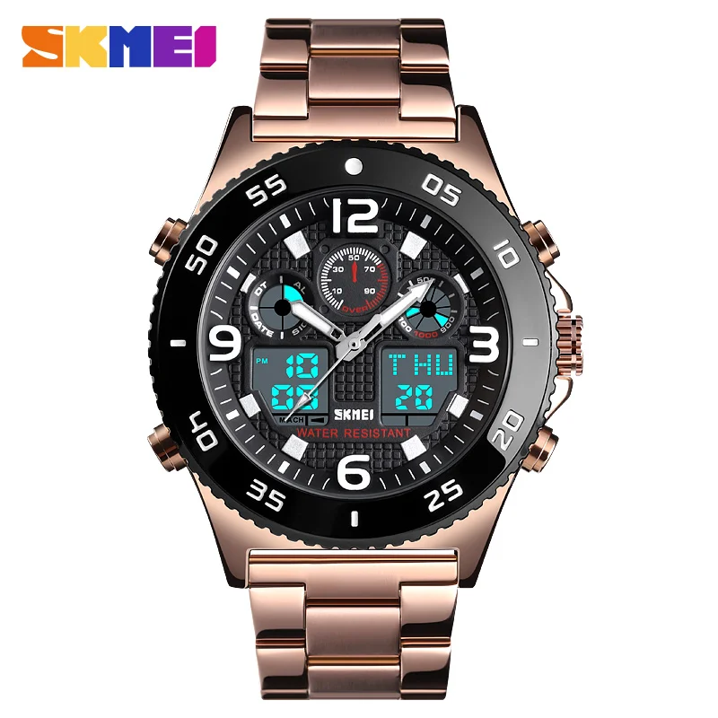 Rose Gold Steel SKMEI Бизнес Мужские наручные часы кварцевые часы с двумя дисплеями модные повседневные 3 времени Водонепроницаемый секундомер часы Relogio Masculino - Цвет: Rose Gold Steel