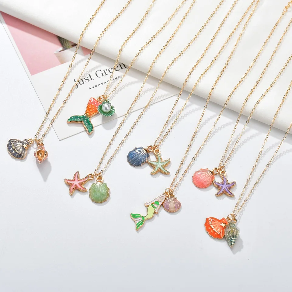 

2019 Fashion Ocean Sea Conch Shell Mermaid Color Pendent Necklace for Women Gold Bohemian Long Chain Pearl Statement Jewelry