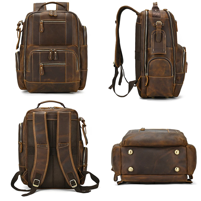 Vintage Genuine Leather Man's Travel Backpack Fit 15" Laptop Daypack Real Leather School Bag Big Travel Rucksack For Man