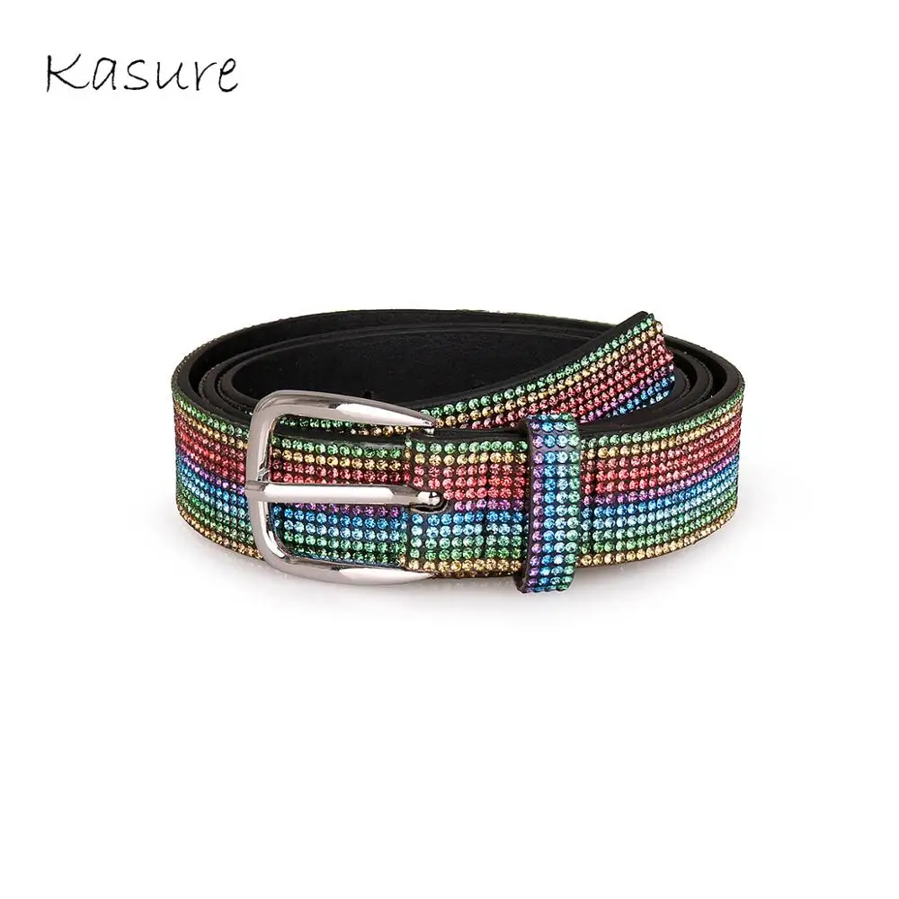 KASURE Women's Luxury Rainbow Belt With Rhinestones Fashion Jeans Colorful Crystal Belts With