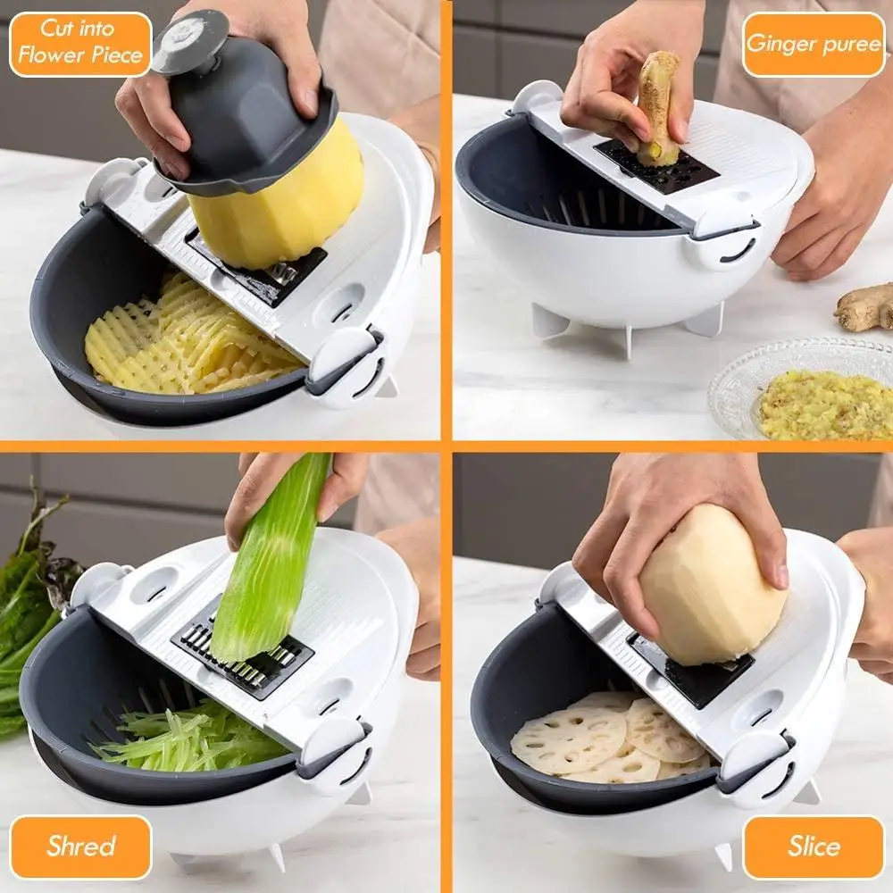 WALFOS Magic Multifunctional Rotate Vegetable Cutter With Drain Basket Kitchen Veggie Fruit Shredder Grater Slicer