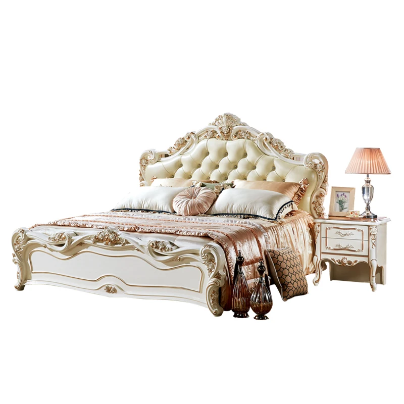 Антикварная кожаная кровать европейская королевская кровать мебель для спальни роскошная деревянная кровать