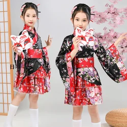 Kids Girls Japanese Kimono Black Red Geisha Dresses Children Dance Lolita Tea Party Dress Yukata Robes Anime Cosplay Costume