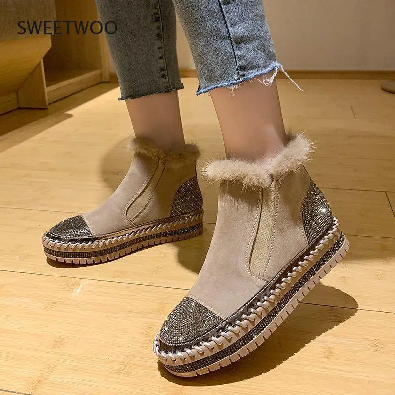 Women Real Mink Fur Warm Shoes Crystal Hand Stitching Luxury Footwear  Winter Slip-on Platform Flats