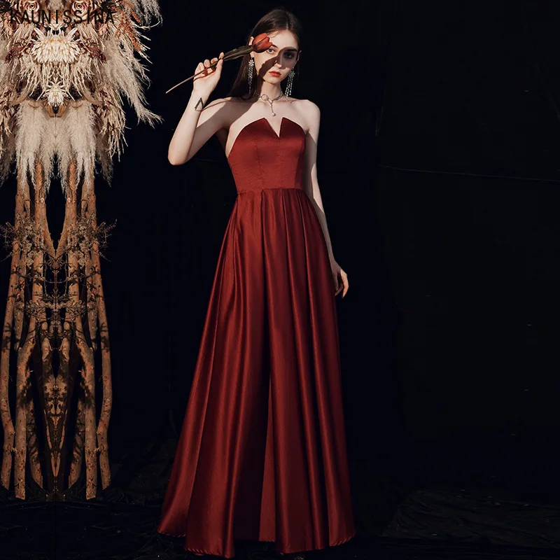 

Women Long Evening Dress Floor-Length Sexy Off the Shoulder Satin Prom Gowns Sleeveless Strapless Burgundy Banquet Party Dress