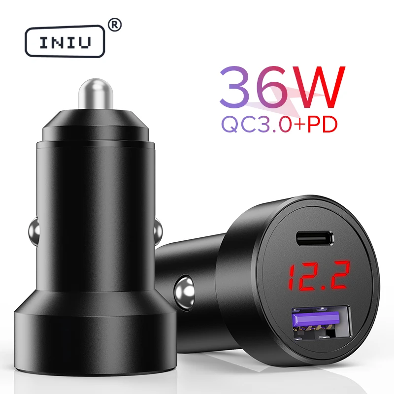 INIU 36W PD Dual USB Car Charger LED Type C Fast Phone Adapter Portable