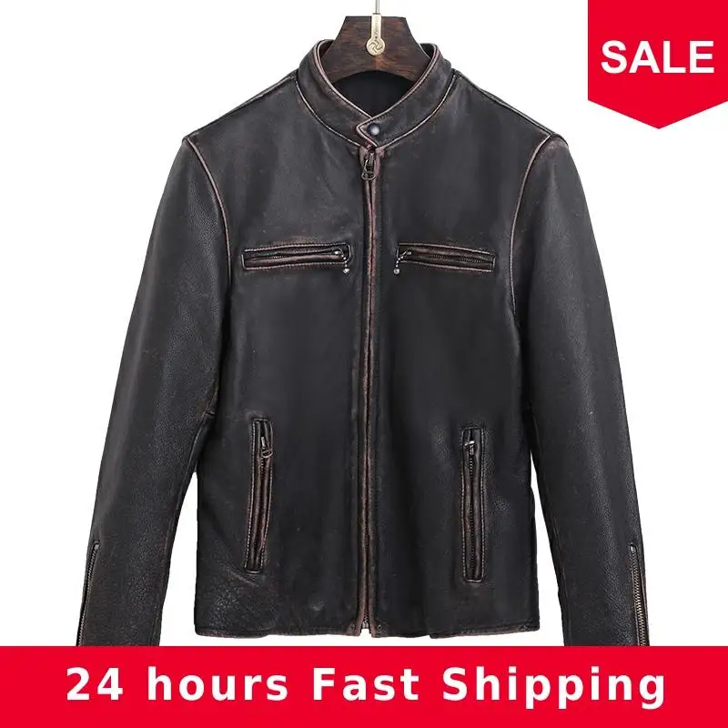 

2020 Vintage Black Men Slim Fit Biker's Leather Jacket Large Size XXXXL Genuine Cowhide Autumn Short Motorcycle Leather Coat