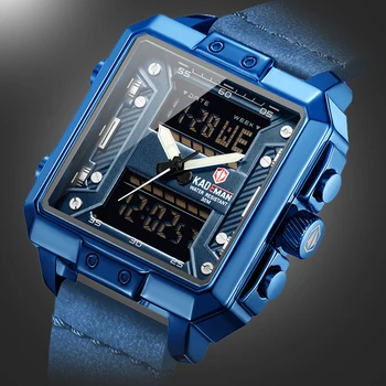 

Blue Brand Men Sports Watches Dual Display Big Man Fashion Military LED Watch Leather Quartz Wristwatches Relogio Masculino