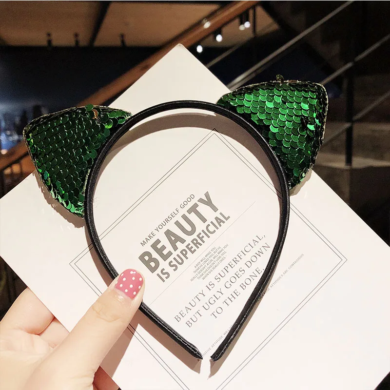 green cat ears Новые милые разноцветные Блестки для девочек с бантом и кошачьими ушками, ободки для волос, прекрасный орнамент для волос, праздничный обруч, модные детские аксессуары для волос - Цвет: green cat ears