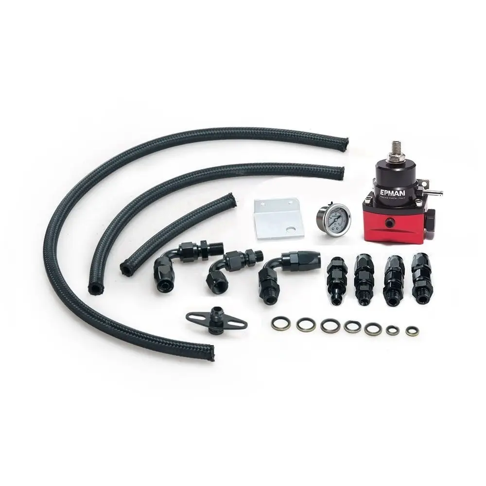 RED Adjustable Fuel Pressure Regulator Gauge Kit Fittings With Oil Line BLACK