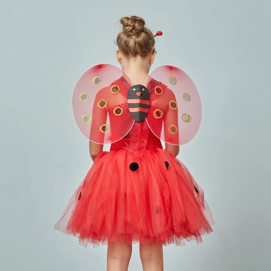 Girls Ladybug Tutu Dress Kids Ladybug Halloween Birthday Insect Animal Costume Girls Fancy Dress with Wings Antenna and Wand  (5)