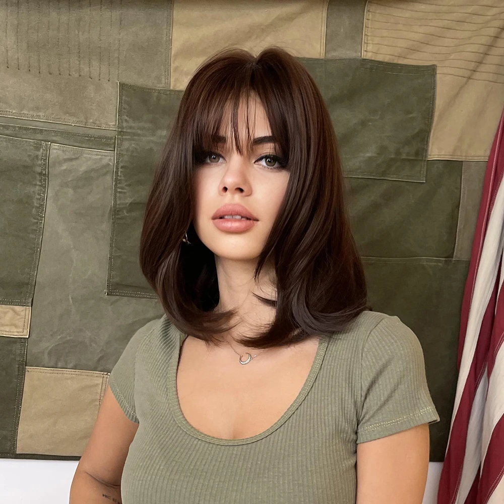 Element Short Straight Ombre Black Brown Synthetic Wigs with Bangs for Women Bob Wig Heat Resistant Lolita Cosplay Daily Wig