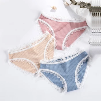 

Sexy Lace Panties for Women Girls Underwear Cotton Antibacterial Briefs Set Soild Color Low-Rise Lingerie 3 Pcs/lot Dropshipping