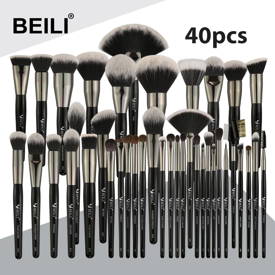 Mistura em pó Pincéis de Maquiagem fã de Cerdas Beili 40 Peças Conjunto Profissional Preto Macio Naturais Sobrancelha Corretivo Fundação --- 1084902 2 sobrancelha fã fundação compõem escova