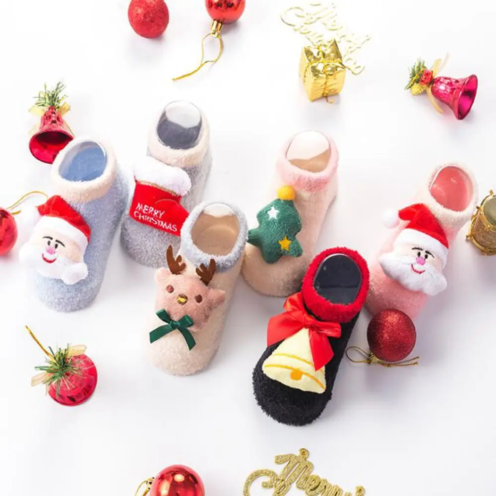 Рождественские носки для малышей Нескользящие шерстяные носки-тапочки для девочек носки для малышей зимняя теплая обувь для новорожденных, рождественские подарки