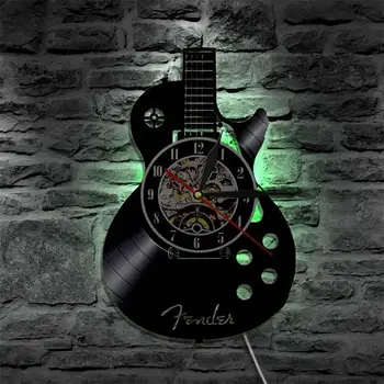 

Acoustic Guitar Musical Instrument Silent Vinyl Record Wall Clock Home Bar Decor Quartz Movemen Crafts Decor With/Without Light
