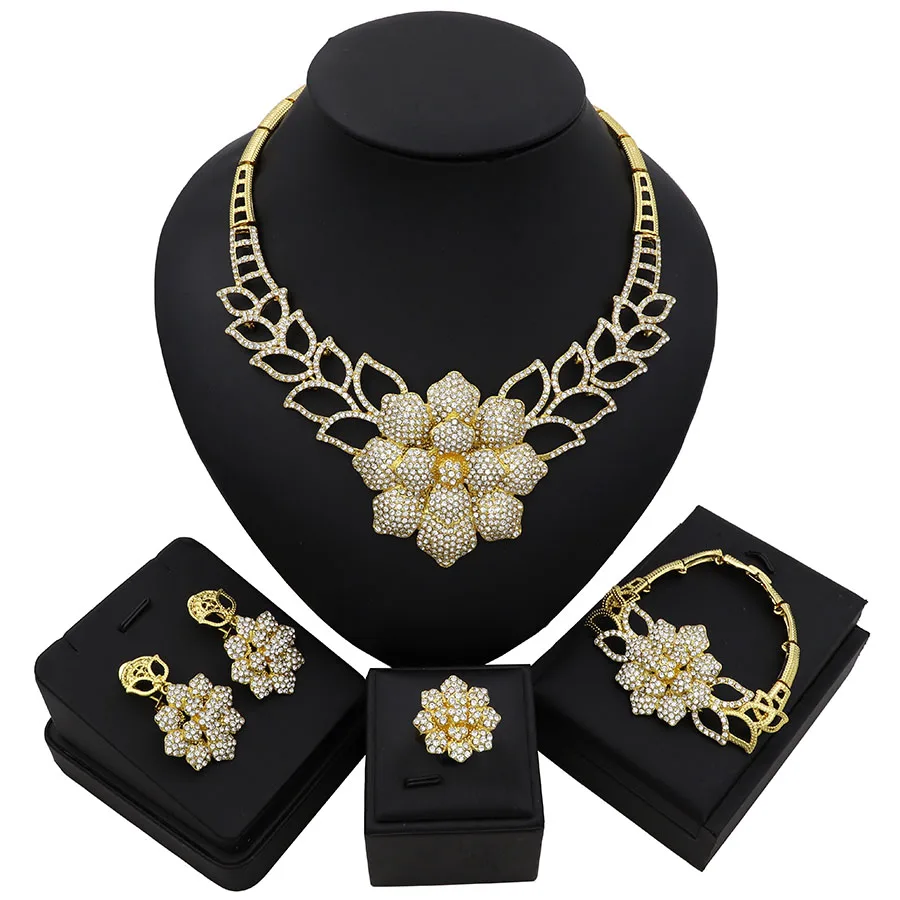 

TSROUND Jewelry Set Abstract Flower Pendant Pattern Dubai Costume Jewelry African Necklace Earring Set for Women Rhinestone
