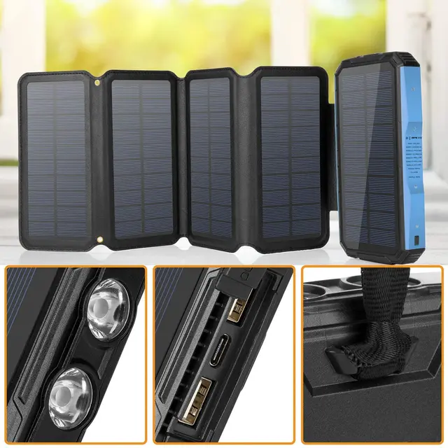 Solar Charger 26800mAh PD Portable Power Bank 5 Panels 7.5W High Efficiency  With Ultra Bright 60-LED Panel Light and Flashlight 3