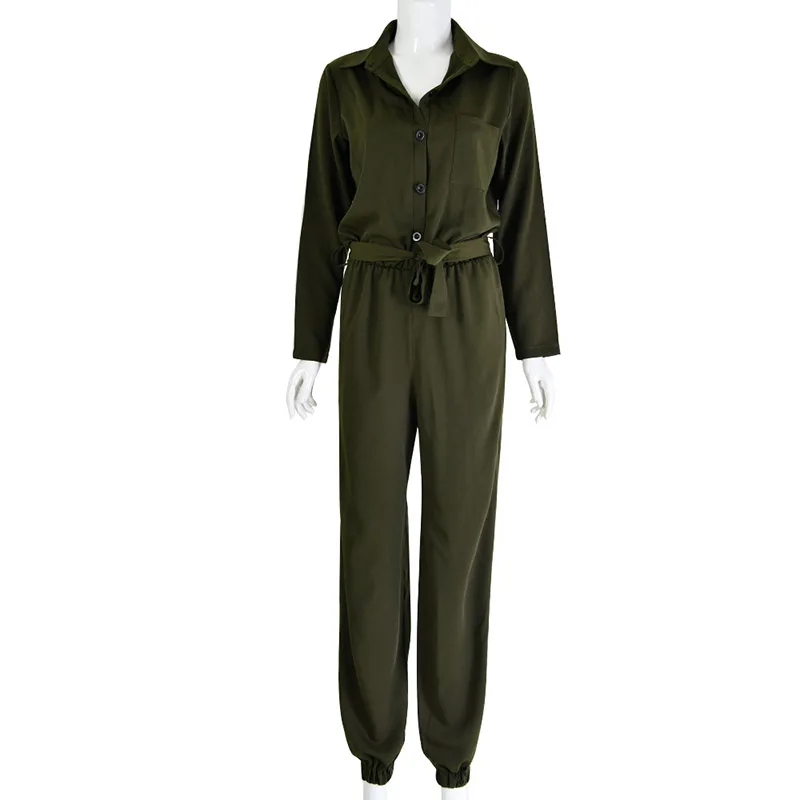 Beyprern Cargo Yellow Pockets Single Breasted Turndown Collar Long Jumpsuit Women Fashion Long Sleeve Cargo Romper Belt Overalls