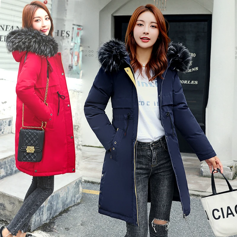 

Drawstring Slim Coat Jacket Hooded Winter Jacket Women parkas 2019 New women's jacket fur collar Outerwear Female plus Size 3XL