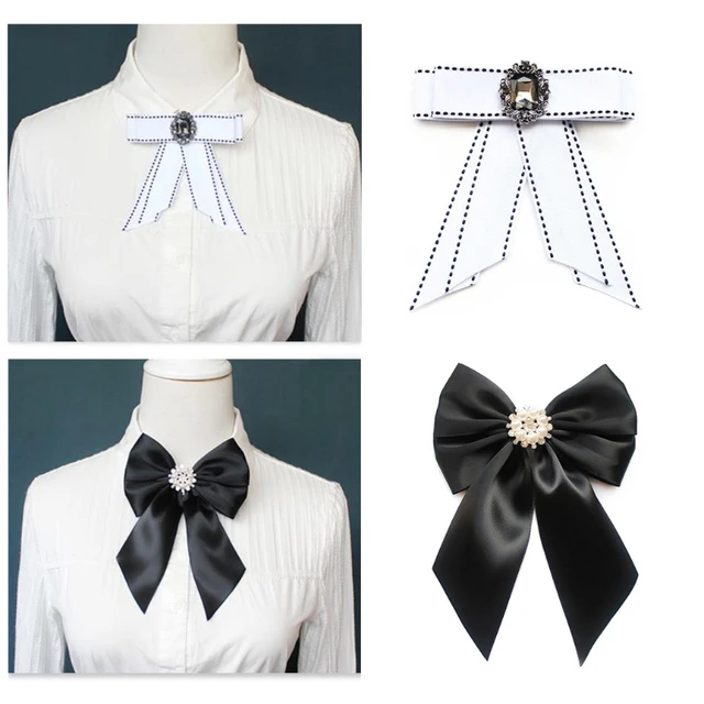 1Pc Schoolgirl Pre-Tied Bowknot Elegant, Ribbon Brooch Pearl Rhinestone  Neck Tie Pin Decor Bow Tie for Women Ladies Girls Suit Shirt Pins Fashion