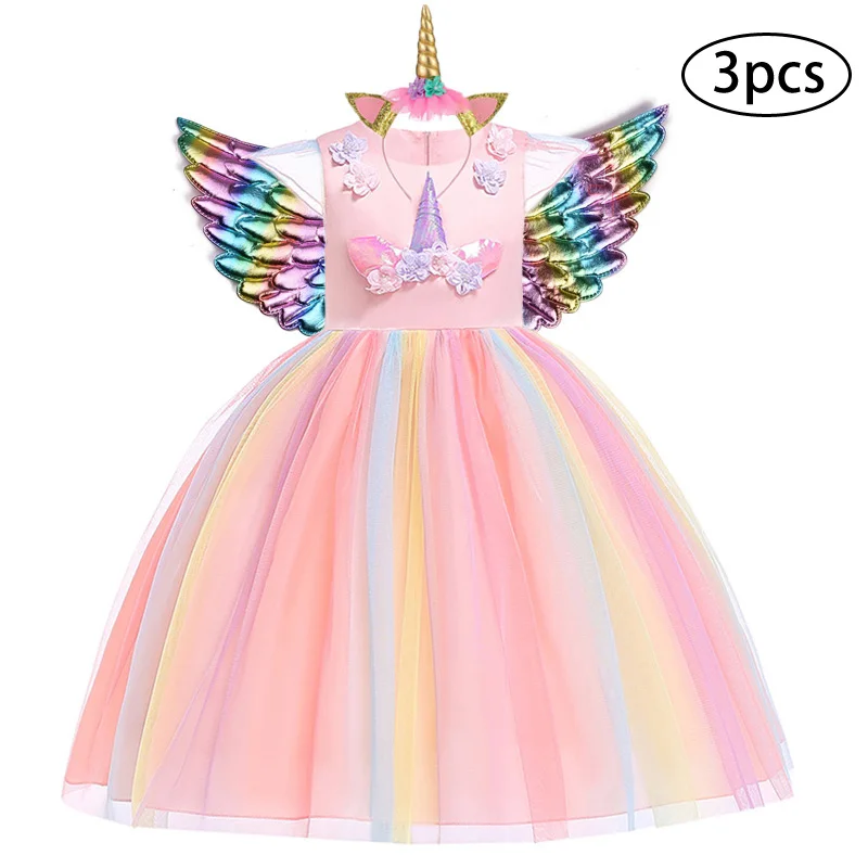 Платье для девочек; 3 предмета; Детские платья для девочек; вечерние платья с единорогом; Рождественский костюм для малышей; детское бальное платье принцессы - Цвет: Pink7